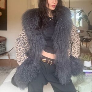 KONG Leopard Suede Mongolian Lamb Trim Jacket - Charcoal- Size S